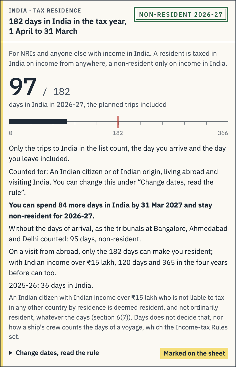 The India slip: 97 of 182 days in 2026-27, stamped non-resident, 84 more days possible by 31 Mar 2027