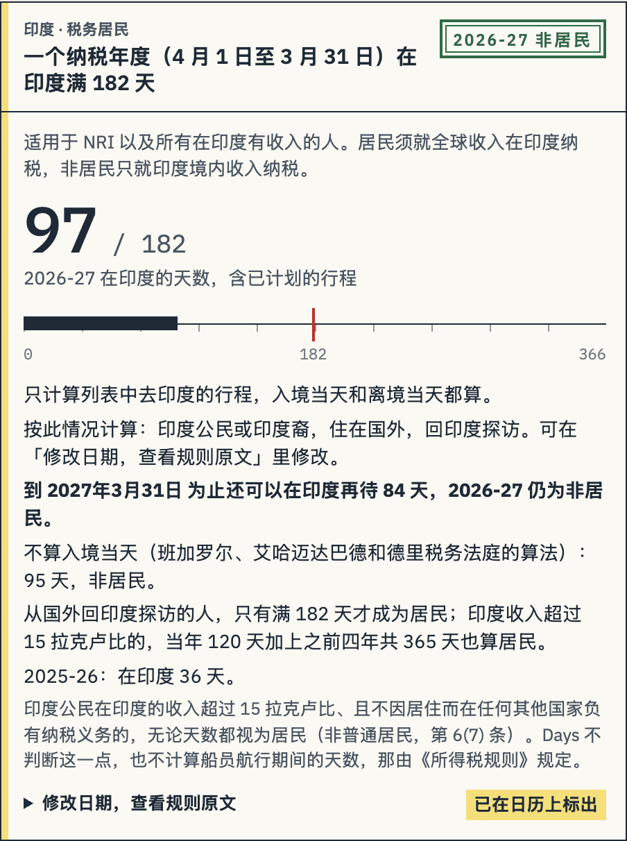 印度卡片：2026-27 年度 97/182 天，盖章“非居民”，到 2027 年 3 月 31 日还能再待 84 天