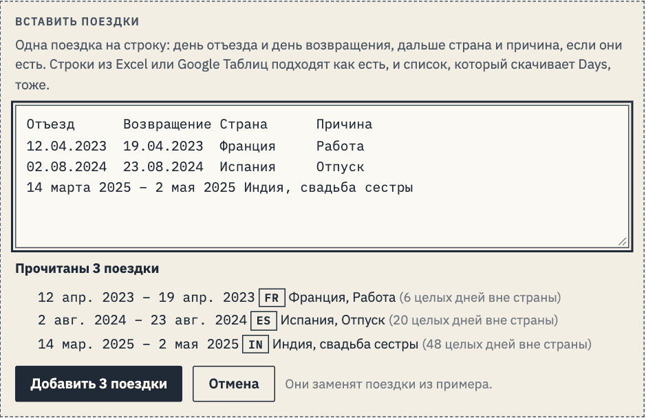 Три вставленные строки прочитаны как поездки во Францию, Испанию и Индию, у каждой указано число целых дней вне страны