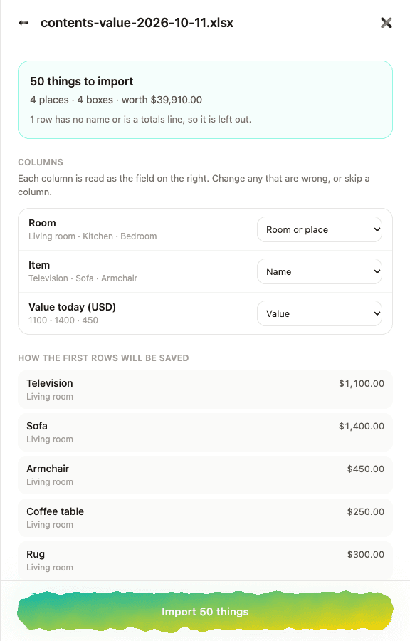 The downloaded file in the web app's import: 50 things in four rooms, worth $39,910