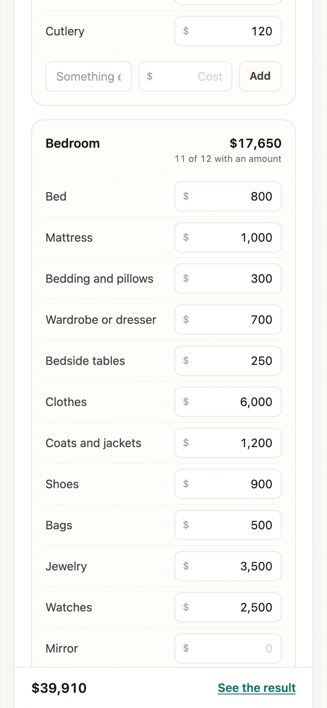 The bedroom on a phone, with the total in a bar at the bottom