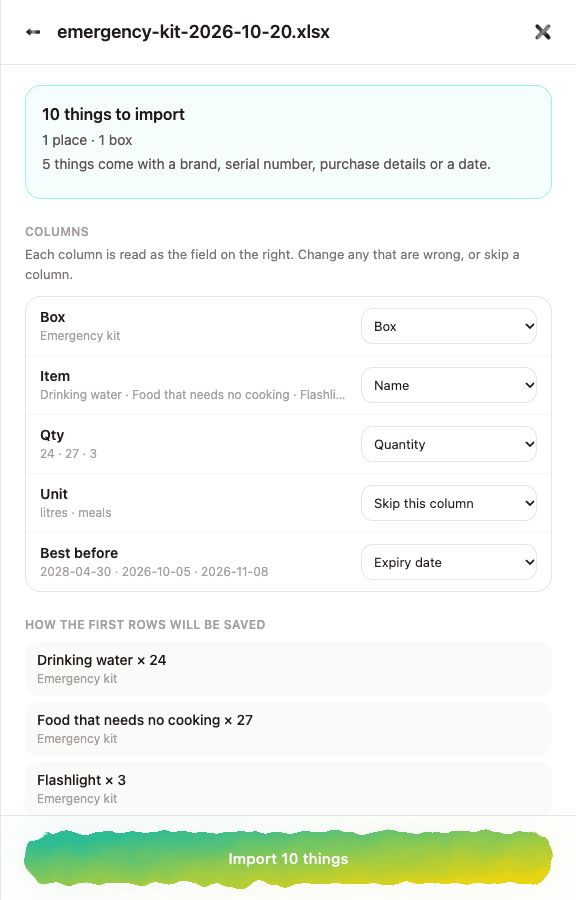 ダウンロードしたファイルをWebアプリで取り込む画面：ひとつのボックスに10点、Best beforeが期限として読まれる