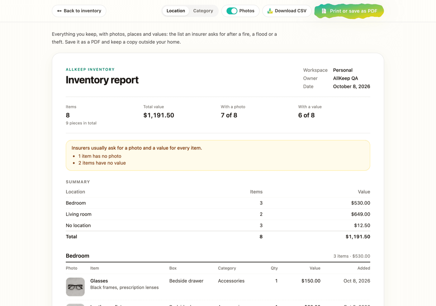 The inventory report on a computer