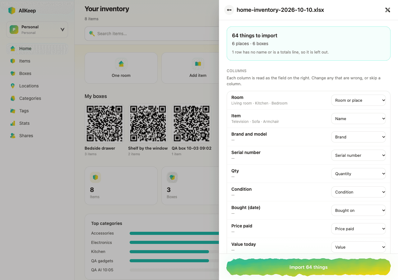 File Excel templat gratis: 64 barang di enam ruangan