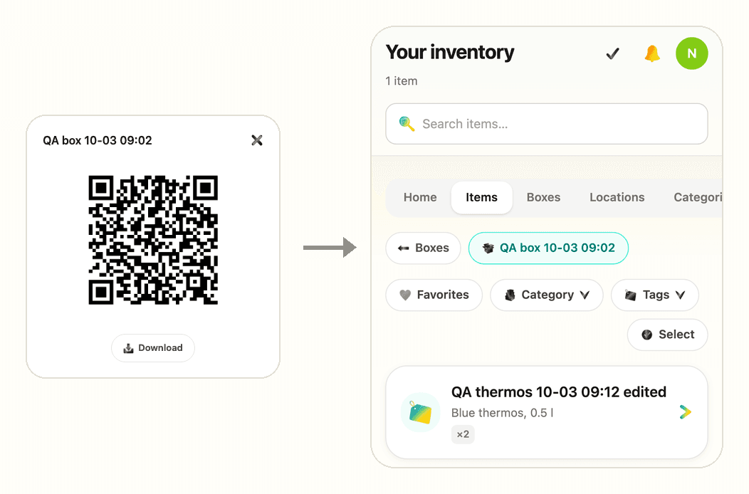 QR-код коробки и та же коробка, открытая на телефоне после сканирования