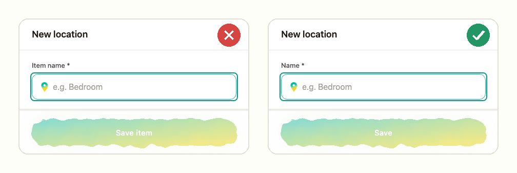 Форма новой локации 3 октября, с подписью «Item name» и кнопкой «Save item», и сейчас, с «Name» и «Save»