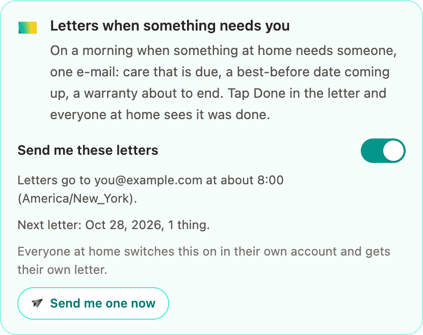The letters card, switched on: where letters go, at what time, and the next letter