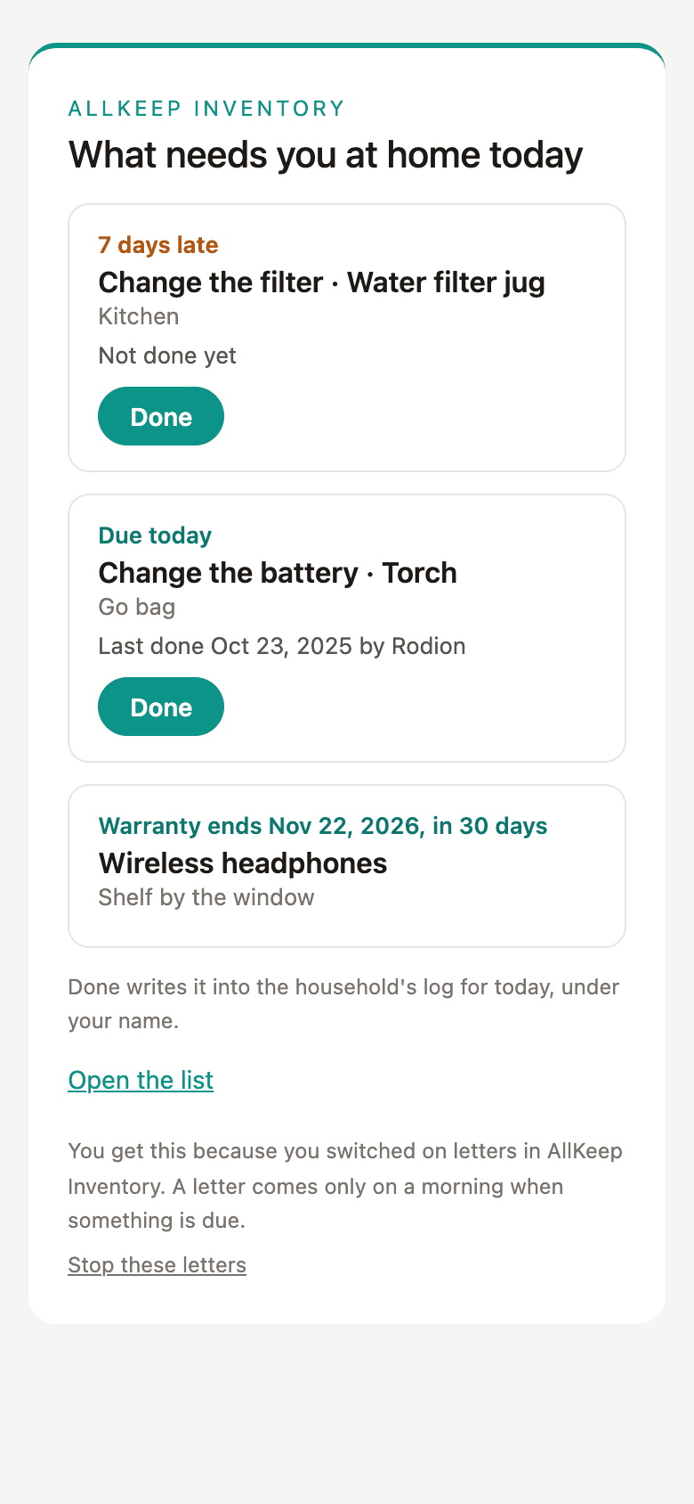 A letter: change the filter, 7 days late; change the torch battery, due today; a warranty ending in 30 days