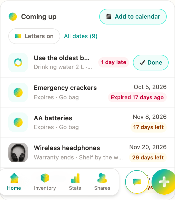 Home's Coming up with the Letters on pill next to Add to calendar, on a phone