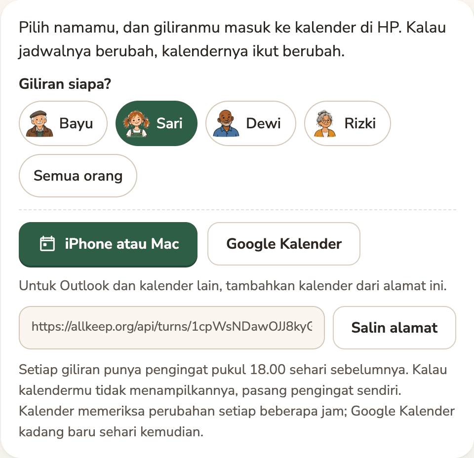 Di kalender: orang-orang di jadwal untuk dipilih, tombol iPhone atau Mac dan Google Kalender, dan alamat untuk disalin
