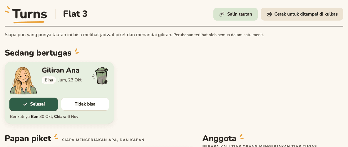 Jadwal piket yang dibagikan, dibuka dari tautannya, dengan tombol Salin tautan dan Cetak untuk ditempel di kulkas