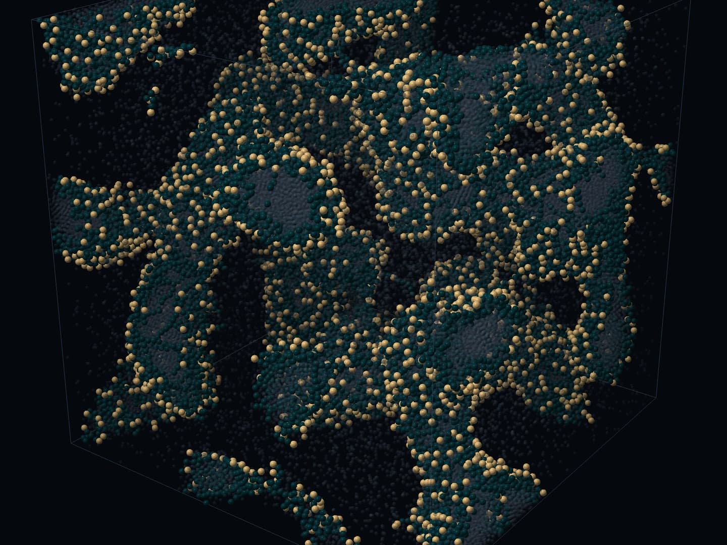A cube of simulated particles with one tangled sheet running through it