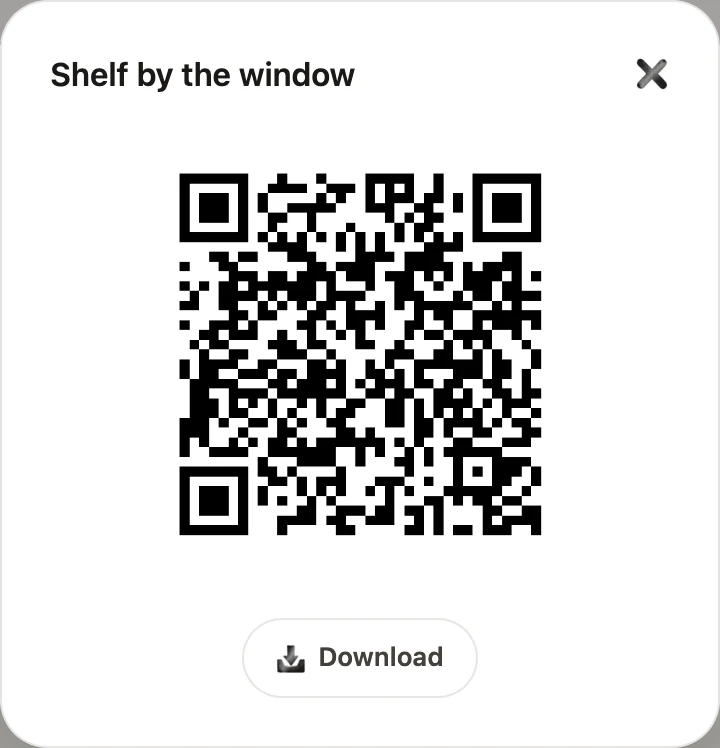 QR-наклейка коробки в веб-приложении AllKeep с кнопкой «Скачать»