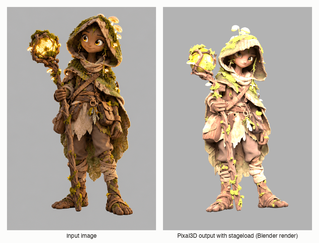 苔に覆われたキャラクターの入力画像と、Pixal3D が stageload を使ってそこから作ったテクスチャ付きメッシュを Blender でレンダリングしたもの