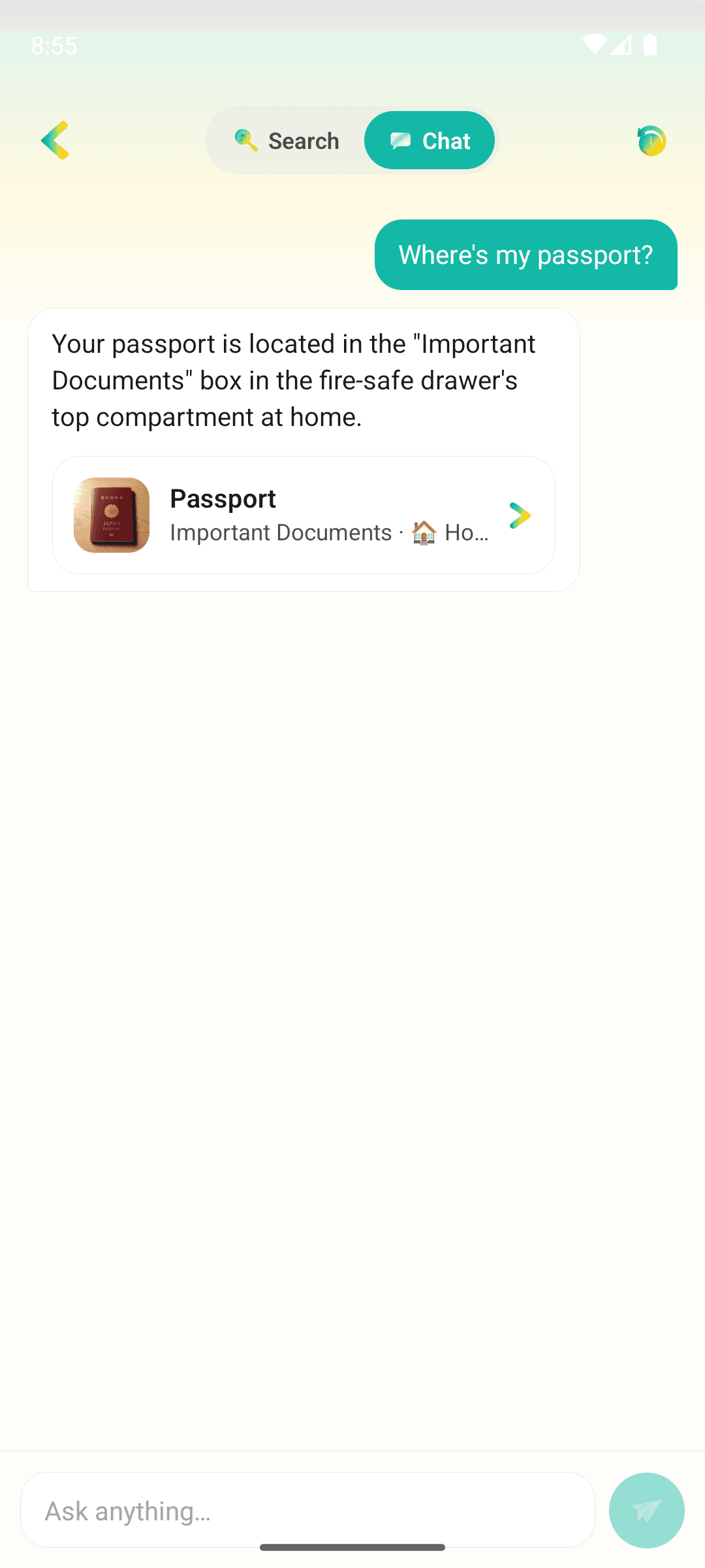 AI search screen finding a passport across multiple boxes