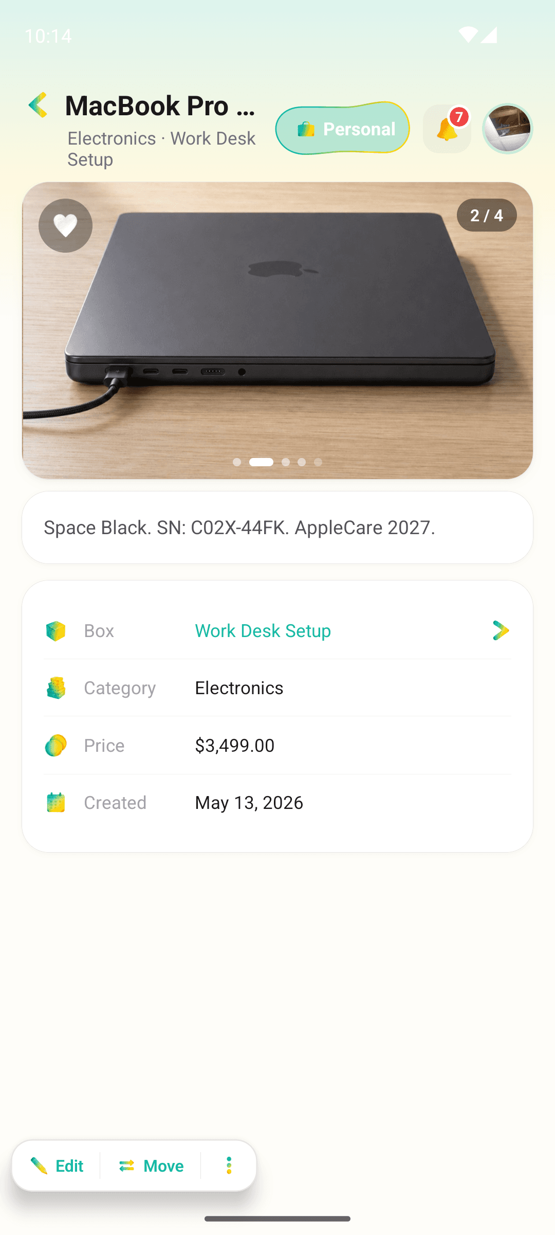 Item detail showing a photo carousel for a single item