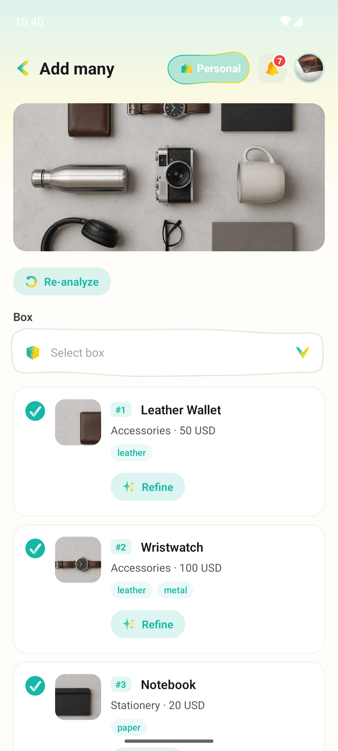 Bulk-add grid showing several items extracted from a single photo