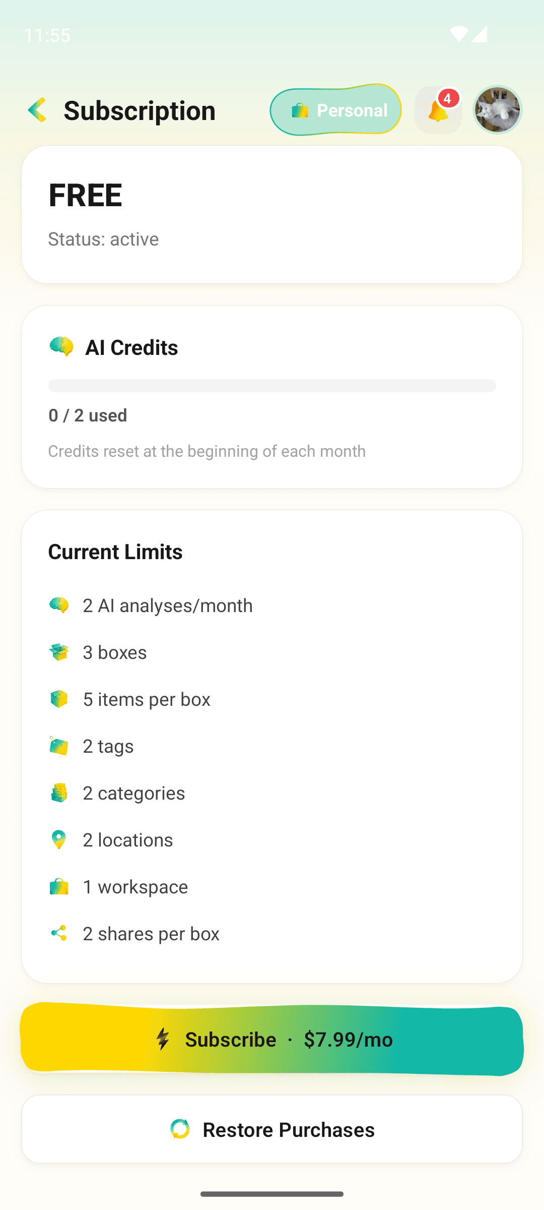 Pricing screen with free and subscription tiers compared
